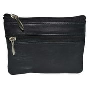 Leatherboss Genuine Leather Coin Purse Wallet with Dual Zippered Sections, Black
