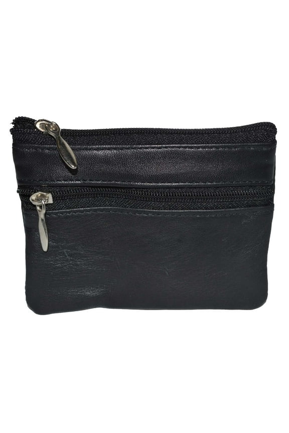 Genuine Leather Coin Purse Wallet with Dual Zippered Sections, Black