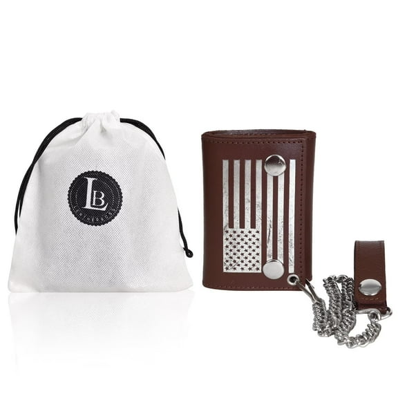 Leatherboss Genuine Leather Flag Print Wallet ID Card Holder with Chain, Brown