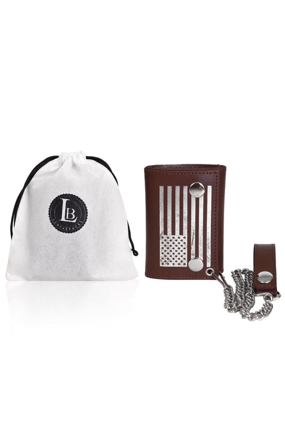 Genuine Leather Flag Print Wallet ID Card Holder with Chain, Brown