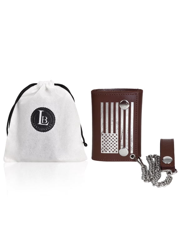 Genuine Leather Flag Print Wallet ID Card Holder with Chain, Brown