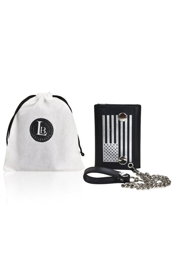 Genuine Leather Flag Print Wallet ID Card Holder with Chain, Black