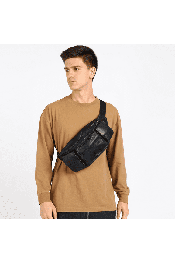 Genuine Leather Jumbo Fanny Pack with 2 Side Pockets