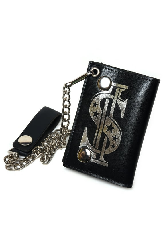 Genuine Leather Men Dollar Trifold Wallet Chain Biker, Black