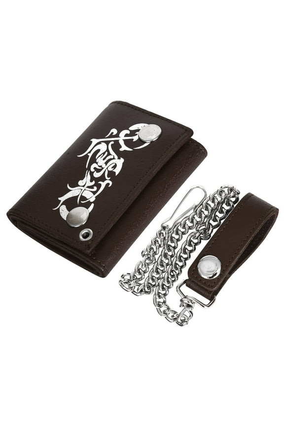 Genuine Leather Men Motorcycle Trifold Wallet Chain Biker, Dark Brown