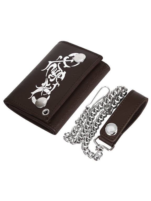 Genuine Leather Men Motorcycle Trifold Wallet Chain Biker, Dark Brown