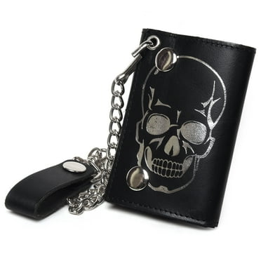 Leatherboss Genuine Leather Men Skull Trifold Chain Biker Wallet, Black