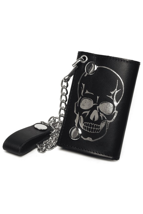 Genuine Leather Skull Print Biker's Wallet ID Card Holder with Chain, Dark Brown