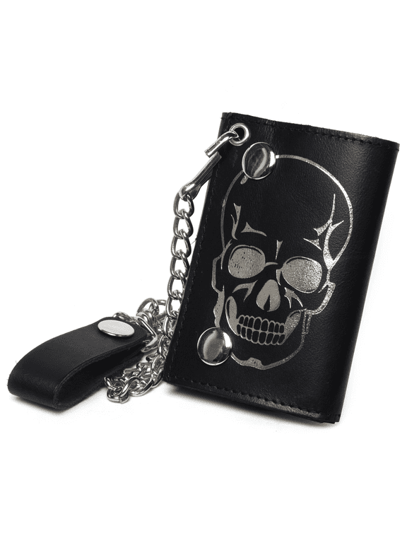 Genuine Leather Skull Print Biker's Wallet ID Card Holder with Chain, Dark Brown
