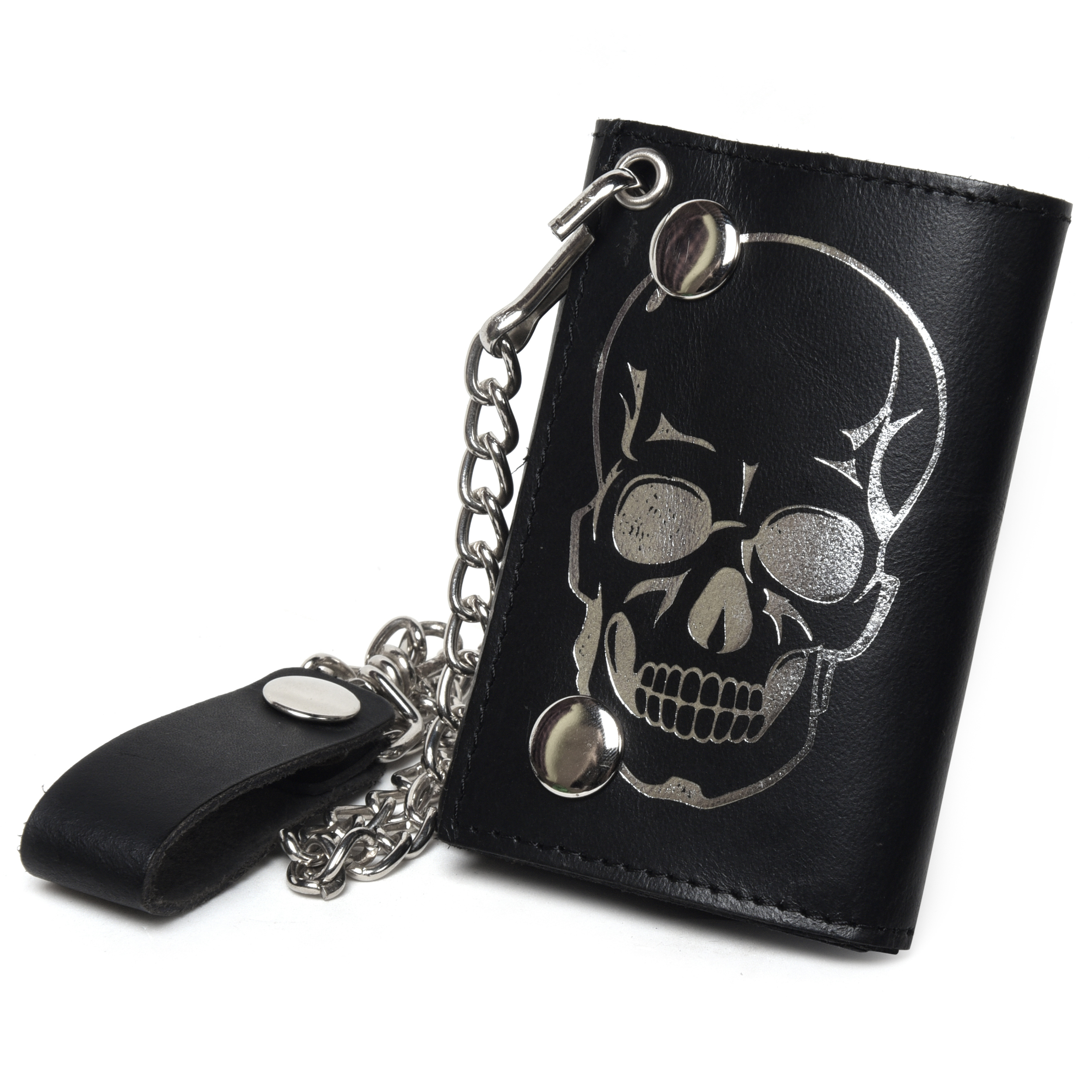 Leatherboss Genuine Leather Men Skull Trifold Chain Biker Wallet Black 