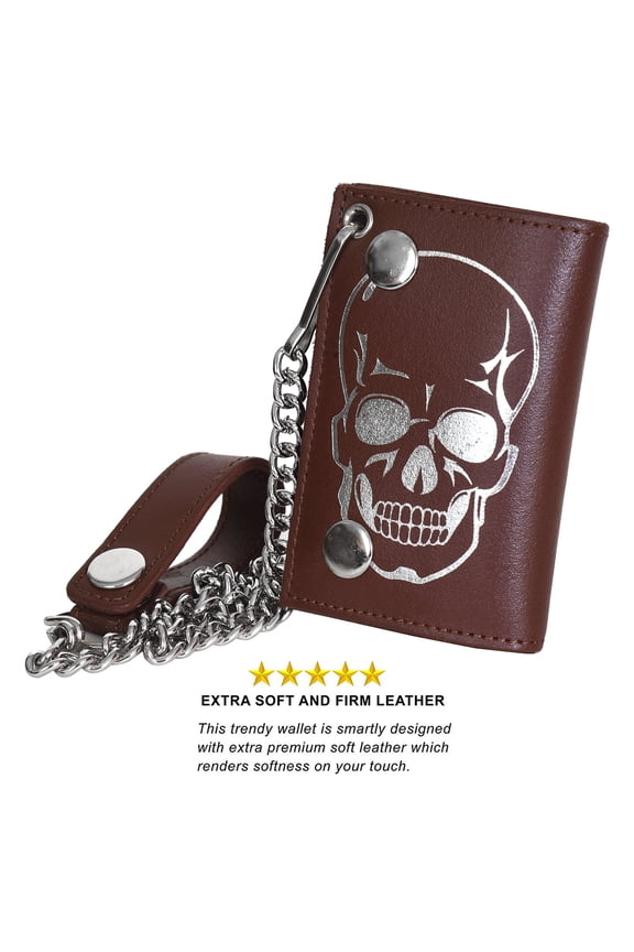 Genuine Leather Men Skull Trifold Wallet Chain Biker, Brown