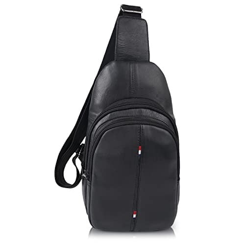 Leatherboss Genuine Leather Sling Bag for Men | Black Crossbody Chest Backpack | Adjustable Shoulder Strap | Stylish Travel & Daily Use Bag