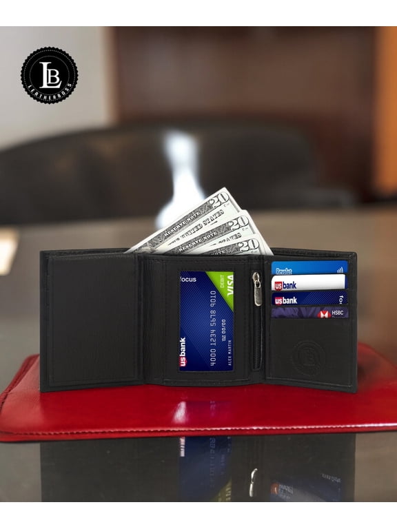 Genuine Leather Trifold Wallet with Pull-Out ID Window and Zipper Pocket