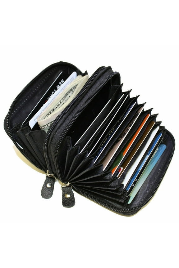 Leather RFID Identity Safe Double Zippered Accordion Wallet, Black