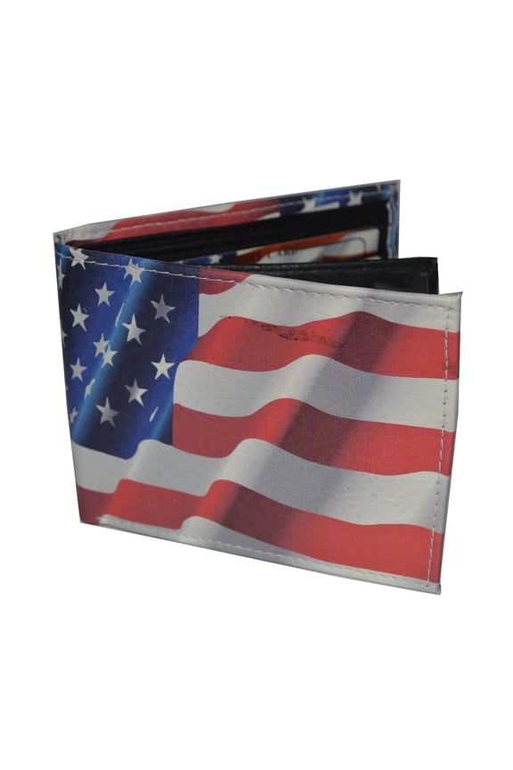 Men Bifold Exotic Wallet US Waving Flag with Printed Gift Box