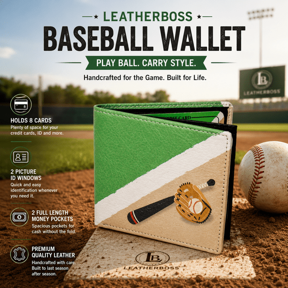 Leatherboss Men Printed Baseball Bat Bifold Card Holder Wallet With Gift Box
