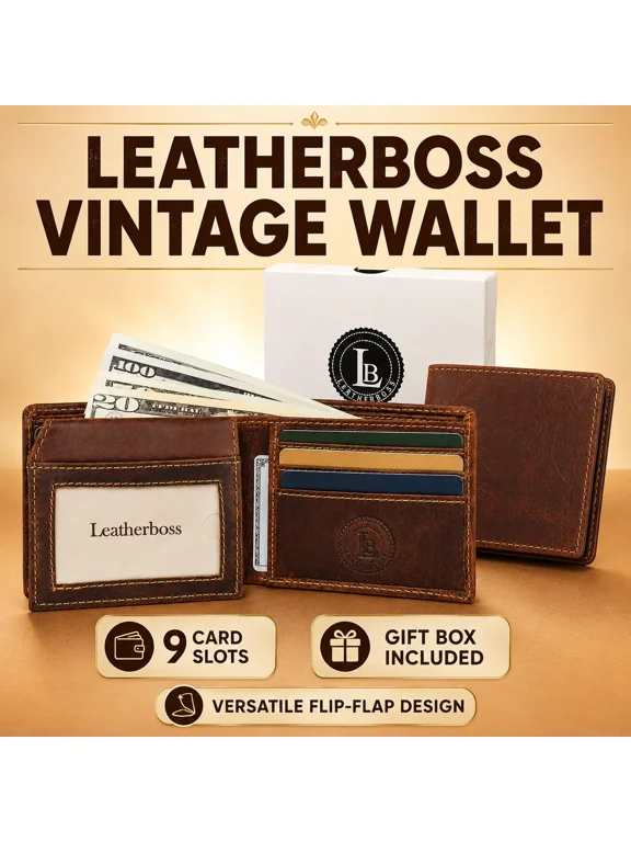 Men's Vintage Leather Bifold Wallet FLAP ID Window Brown Gift Box