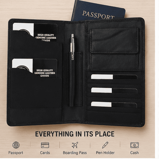 Leatherboss Travel Passport Wallet Boarding pass ticket holder Genuine Leather, Black