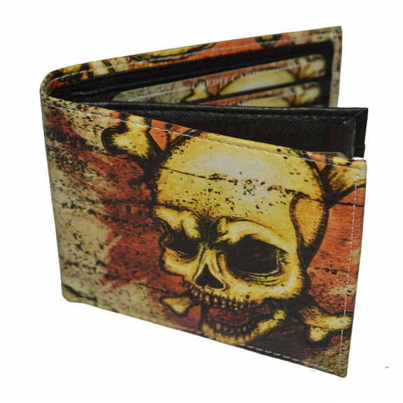 Leatherboss Vegan Leather Men's Bifold Exotic Wallet with Skull Print and Gift Box