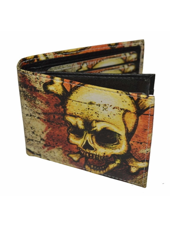 Vegan Leather Men's Bifold Exotic Wallet with Skull Print and Gift Box