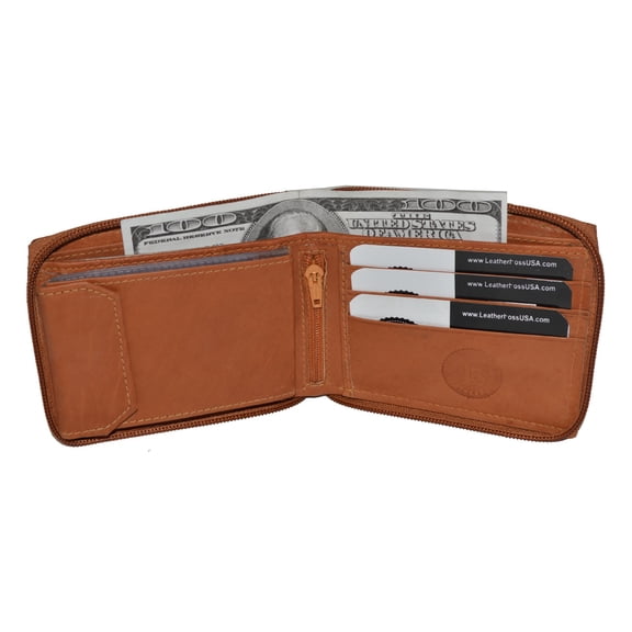Leatherboss Zipper Bifold Wallet for Men Women RFID Protected Genuine Leather