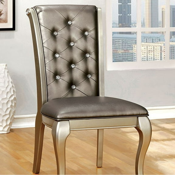 Leatherette Buttoned Side Chair with Cabriole Legs Set of 2 Gray and Gold - Saltoro Sherpi
