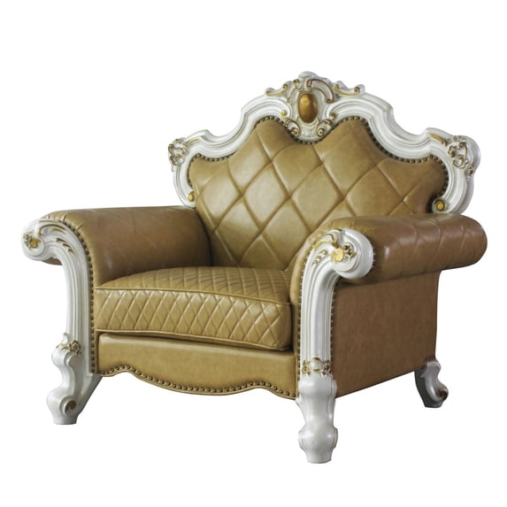 Leatherette Chair with Diamond Stitching and Carvings White and Beige