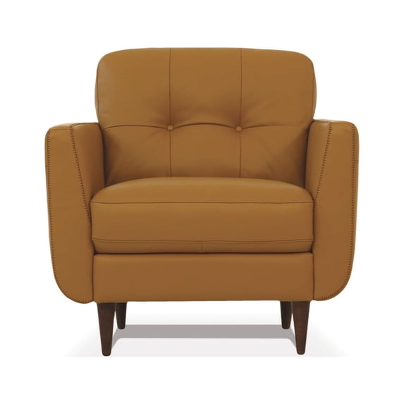 Leatherette Chair with Tapered Legs and Button Tufted Details, Brown