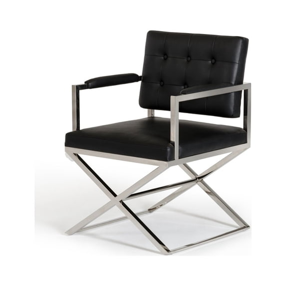 Leatherette Dining Chair with Button Tufted Back and Crossed Metal Base, Black and Silver