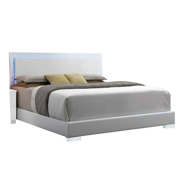 Leatherette Eastern King Bed with LED Panel Headboard and Chrome LegsWhite - Saltoro Sherpi