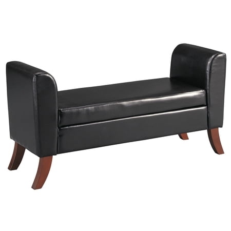 Leatherette Padded Storage Bench with Curved Arms and Saber Legs, Black- Saltoro Sherpi