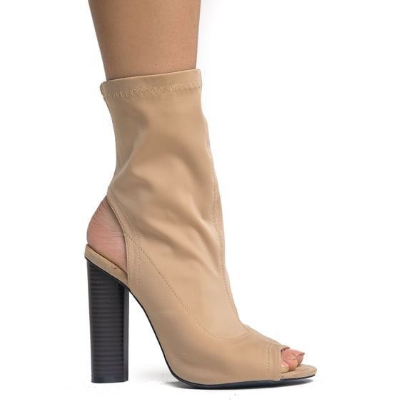 Leatherette Peep Toe - Back Cut Out Mid Height Fashion Bootie - High Heel Scuba Sock Boot 10