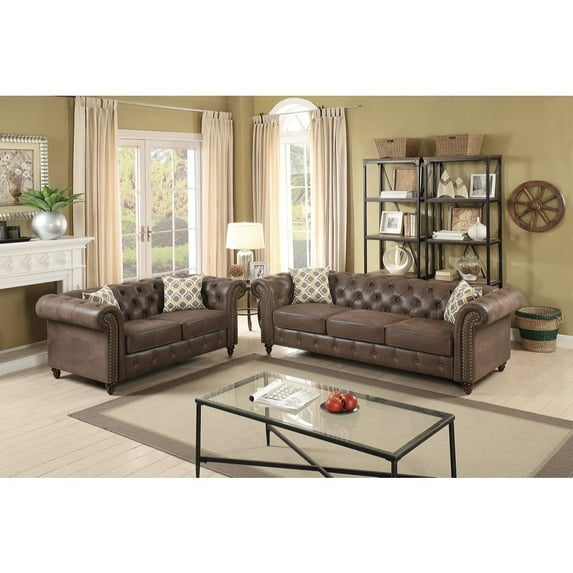 Leatherette Rolled Arm 2 Pieces Sofa Set In Dark Coffee Brown