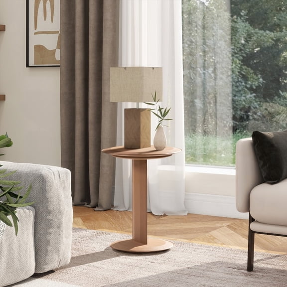 Leatherette Round C-Shaped Sofa Side Table, 18" with Saddle Brown Faux Leather