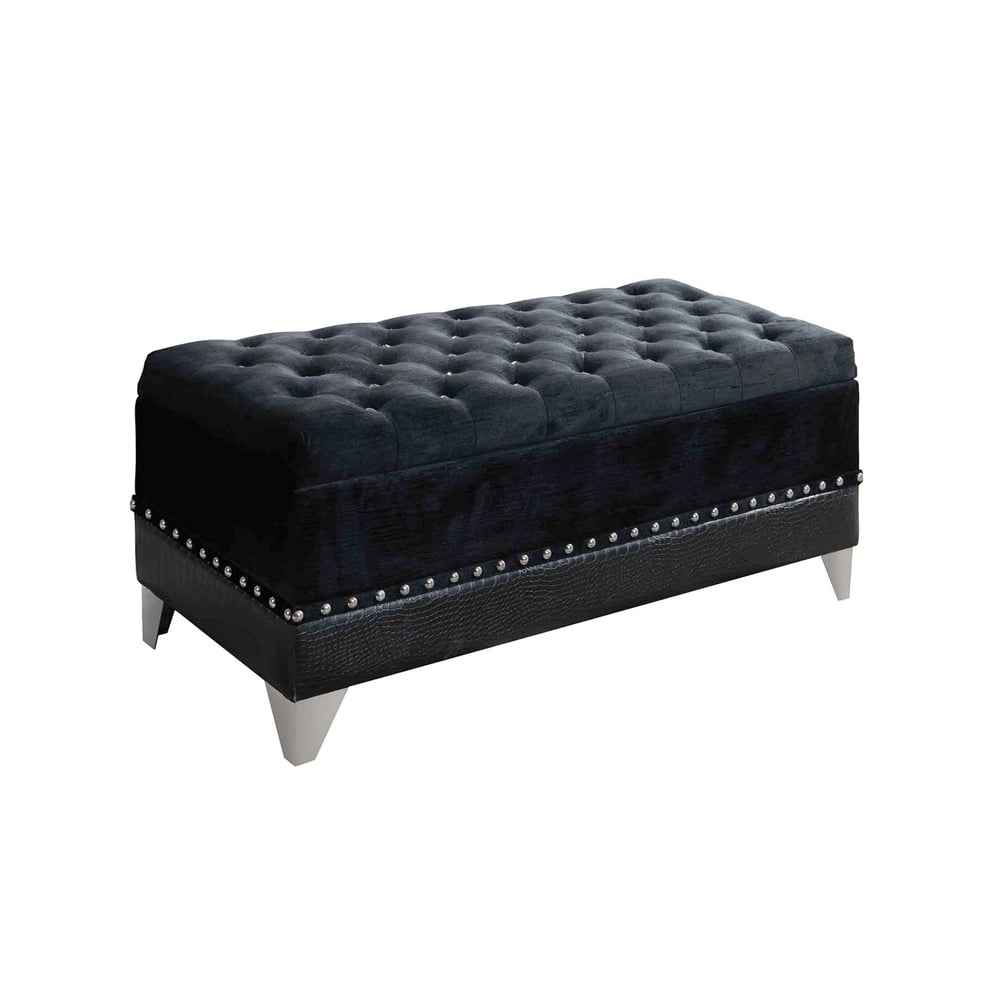 Black Leatherette Storage Bench with Nailhead Trim and Button Tufting