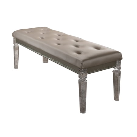 Leatherette Tufted Bench with Tapered Acrylic Leg Support, Beige and Clear - Saltoro Sherpi