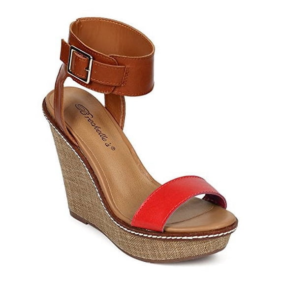 Leatherette Two-Tone Ankle Cuff Platform Weave Cherry & Tan Paula Wedge