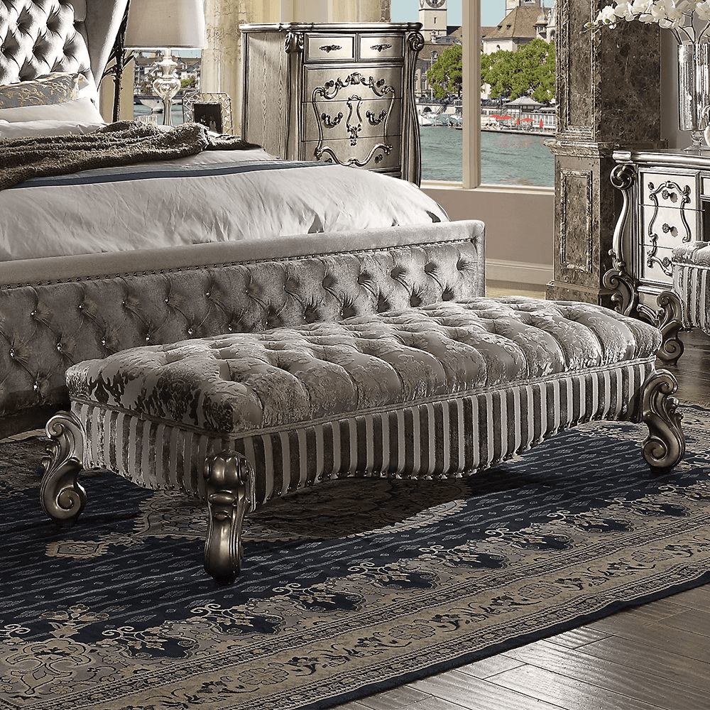 Gray Upholstered Bench with Button Tufted Seat and Scrolled Legs