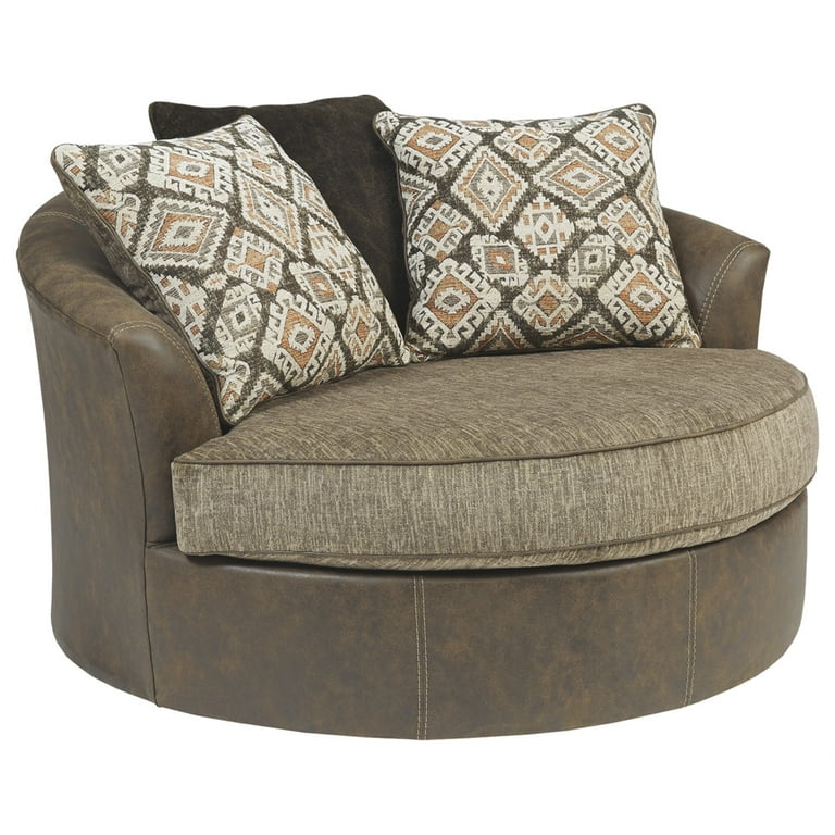 Leatherette Upholstered Round Oversized Swivel Chair Brown