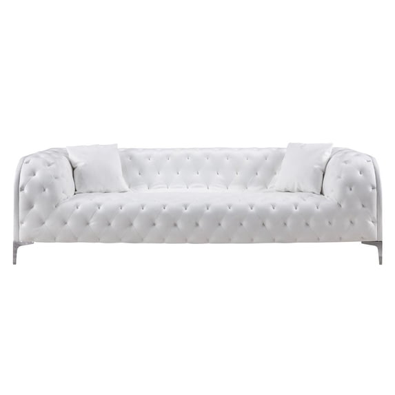 Leatherette Upholstered Tufted Sofa with Accent Pillows and Steel Feet, White