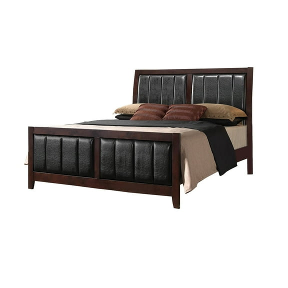 Leatherette Upholstered Wooden Eastern King Bed, Brown and Black