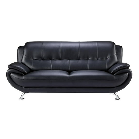 Leatherette Upholstered Wooden Sofa with Bustle Back and Stainless Steel Legs, Black