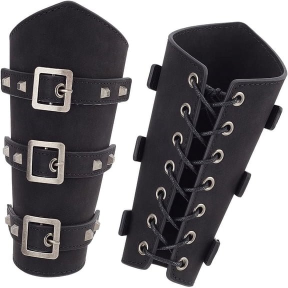 Leatheroid Punk Style Cuff Wristband for Bikers Retro Archery Armguard with Zinc Alloy Findings Cord Pentagon Black 195x238x15mm Hole: 5mm