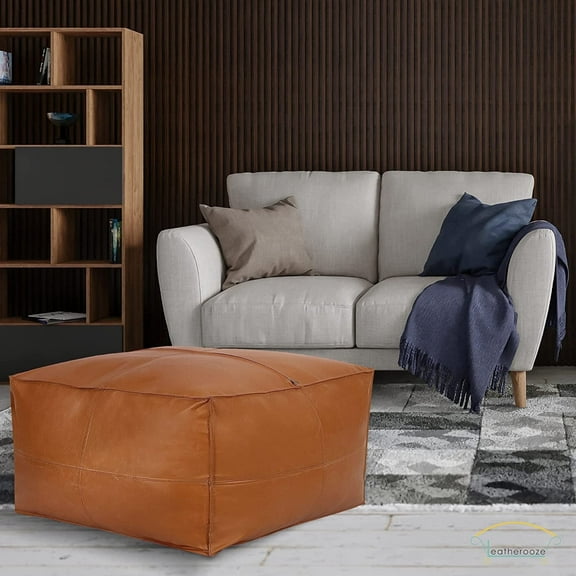 Leatherooze 25*25*18 inch Indoor Outdoor Leather Pouf, Brown (Comes with No Filler)