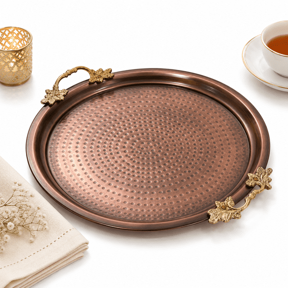 Leathervine Copper Finish Tray with Brass Rim 14" for Serving Tea, Snacks or Wine, Hand-Hammered Brass Decor Piece for Coffee Table or Dining, Stylish Round Platter That Elevates Every Occasion