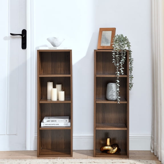 Leavader 2 Pack 4 Tier Tall Narrow Bookcase Display Shelf, Media Tower CD DVD Storage Cabinet for Home Office, 34.43x9.25x11.61 Inch Each,Freestanding Space Saving Organizer,Walnut