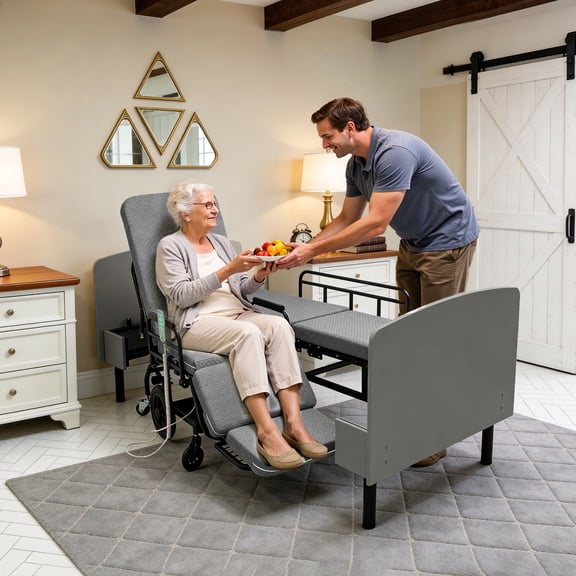 Leavader 3-in-1 Electric Convertible Adjustable Bed with OKIN Dual Motors, Convertible to Wheelchair & Flat Position, Wired Remote, Quiet Rolling Casters, Safety Rails for Elderly & Home Use