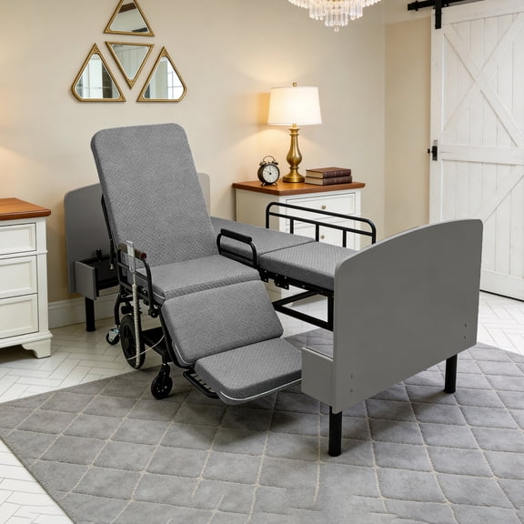 Leavader 3-in-1 Electric Convertible Adjustable Bed with OKIN Dual Motors, Convertible to Wheelchair & Flat Position, Wired Remote, Quiet Rolling Casters, Safety Rails for Elderly & Home Use