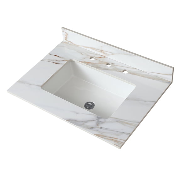 Leavader 31 Inch Marble Vanity Top, Bathroom Vanity Top with Undermount Rectangular Middle Sink and 4" Height Backsplash, Pre-Drilled 8 Inch Faucet Hole Spread Vanity Top, Carrara white with veins