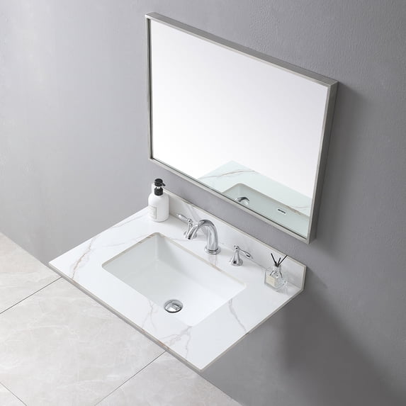 Leavader 31 Inches Luxurious Carrara White and Gold Sintered Stone Bathroom Vanity Top with Ceramic Basin and Backsplash - Three Faucet Hole, Cabinet Not Included
